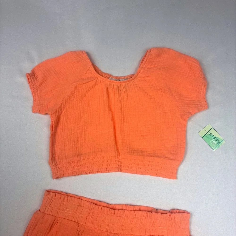 Girls Short Set 14 Peach/Coral NWT Gauze 100%‎ Cotton Crop Top Shorts 2pc Set